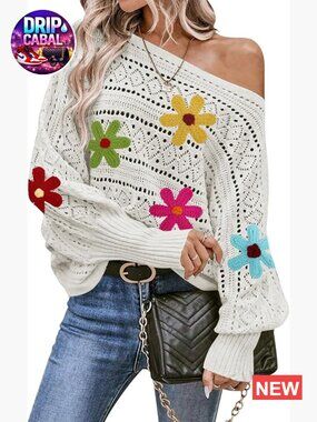 Off Shoulder Sweater Top Oversized Knit Batwing Long Sleeve Crochet Flower
